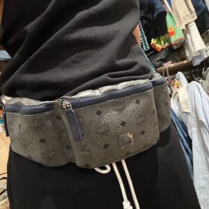 MCM Grey Monogram Leather Belt Bag with Navy Trim